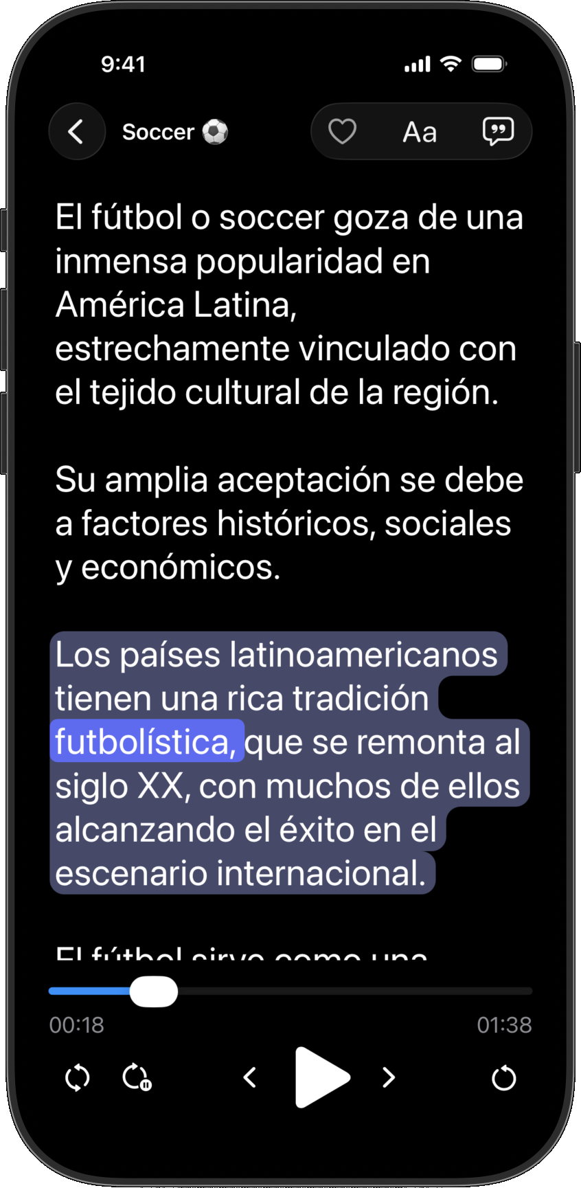 ShadowingKit player on an iPhone: a Spanish transcript highlighted sentence by sentence and word by word in sync with the audio