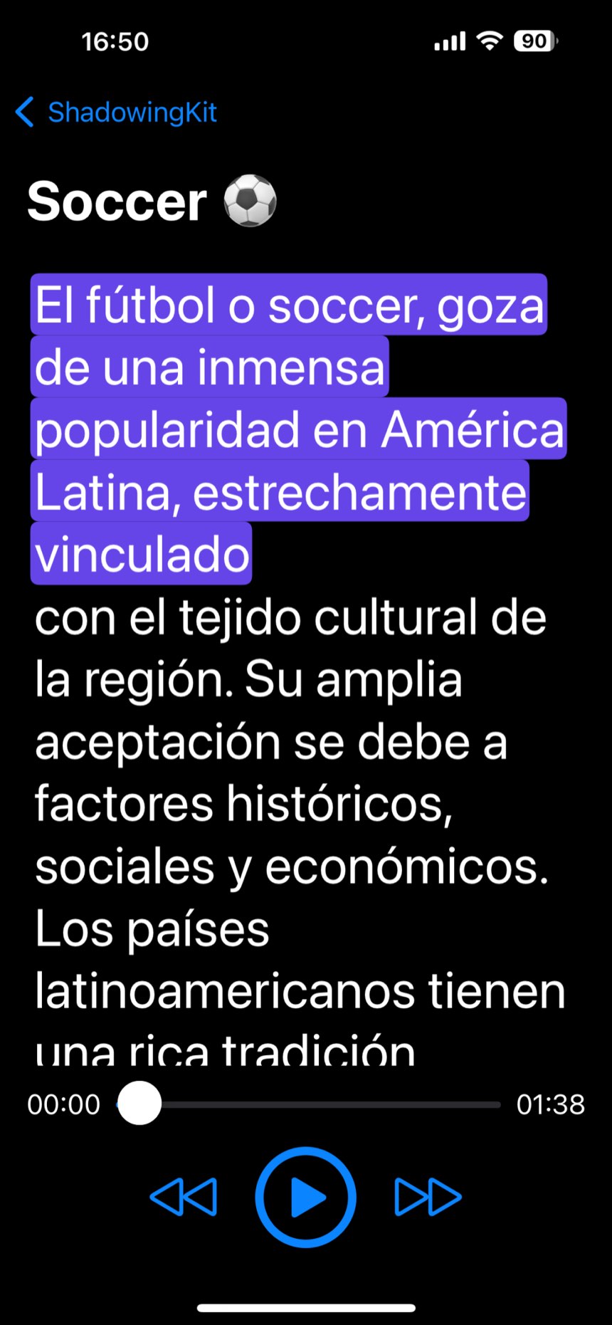 ShadowingKit app showing synchronized Spanish transcript